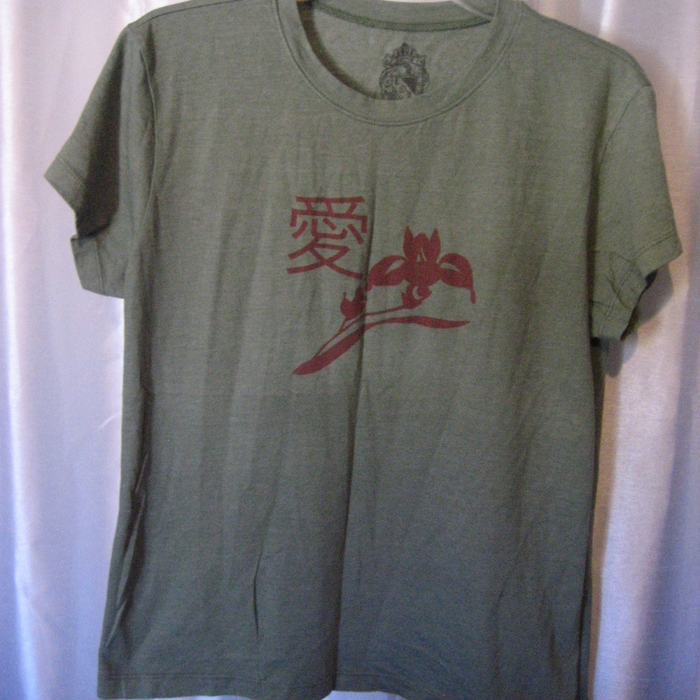 L.O.L Olive Green Asian Print Short Sleeve Shirt Sz XXL 50%Cotton/50%Polyester